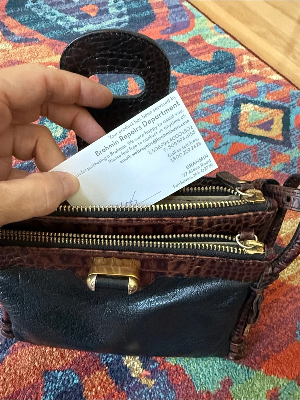 Brahmin Black Leather Crossbody with Brown Croc-Embossed Trim